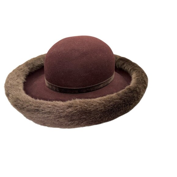 Deborah 100% Wool Brown Faux Fur Brim Crown SZ Med Derby Dress Vtg Made in USA - Picture 2 of 3